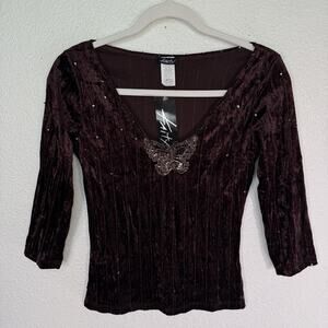 Kaity Y2K Top Womens Large Brown Velvet Beaded Sequin Butterfly Blouse NEW